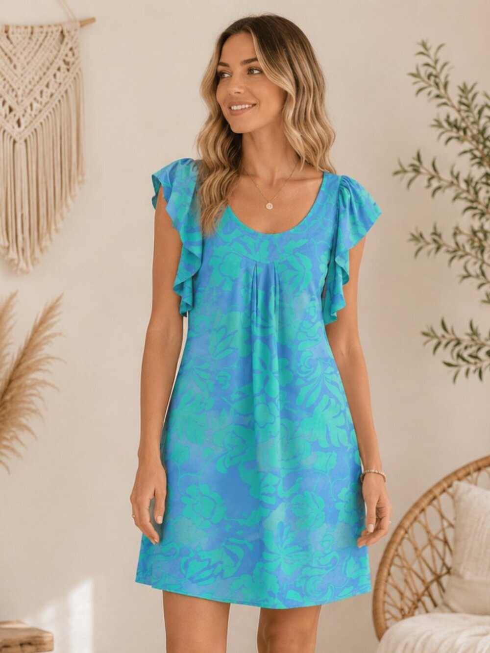 Gant Silk Floral Ruffle Sleeve Midi Dress in Blue and Green Size 6
